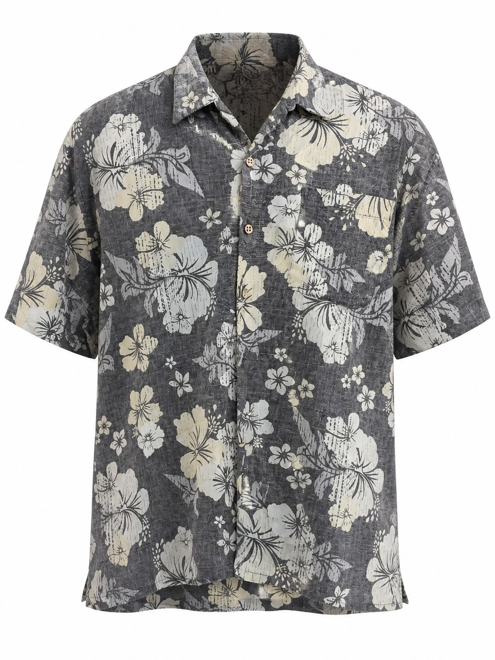 Vintage OP Sport Ocean Pacific Hawaiian Shirt Mens XL Gray Cotton FloralHibiscus